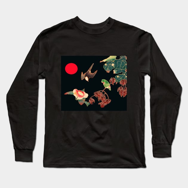 BIRDS,FLOWERS,LEAVES AND RED SUN IN BLACK, Japanese Dark Floral Long Sleeve T-Shirt by BulganLumini